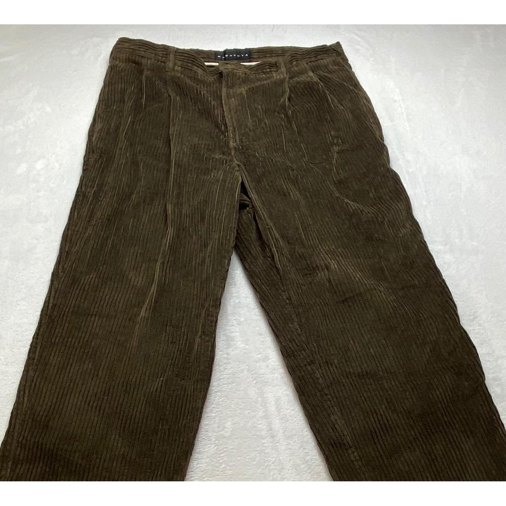 Baracuta Mens 38x34 Wide Wale Corduroy Pleated Pants Brown Olive Straight Leg - Picture 7 of 14